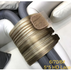 5X5 HD lace clousre straight matching bundle high Quality human raw hair Highlight Colors 