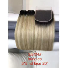 5X5 HD lace clousre straight matching bundle high Quality human raw hair Highlight Colors 